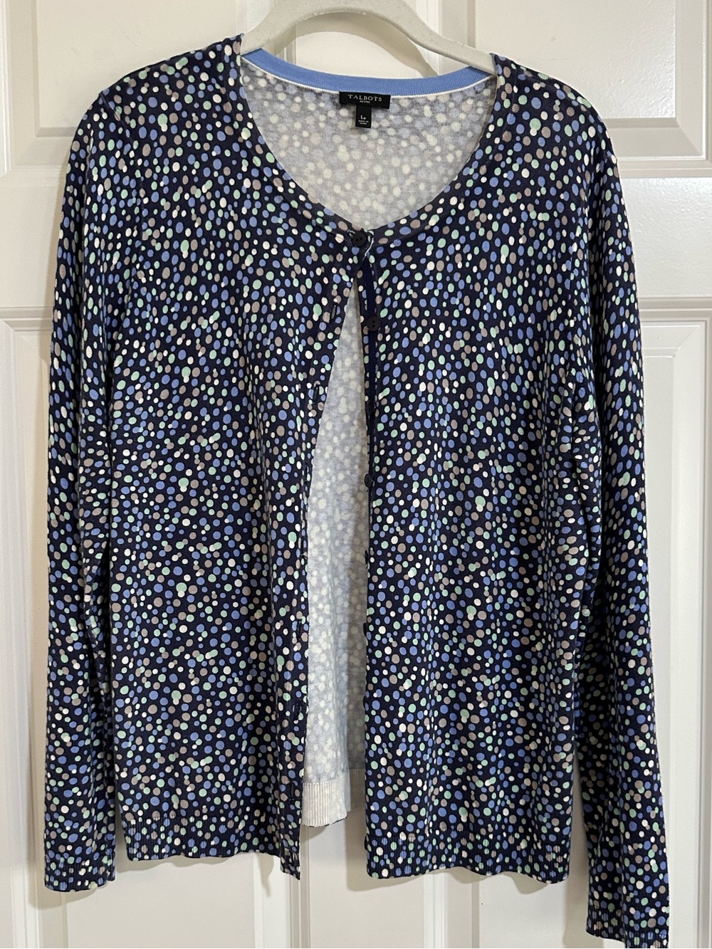 Talbots Petites Navy & Multicolor Dot Cardigan, LP Large Petite, Like New